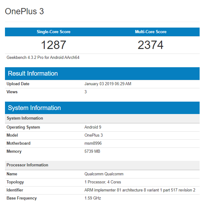 Oneplus 3 & Oneplus 3t Operating Android Pie Spotted On Geekbench
