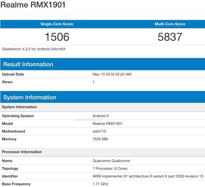 Realme X Geekbench listing reveals Snapdragon 710 and 8 GB RAM